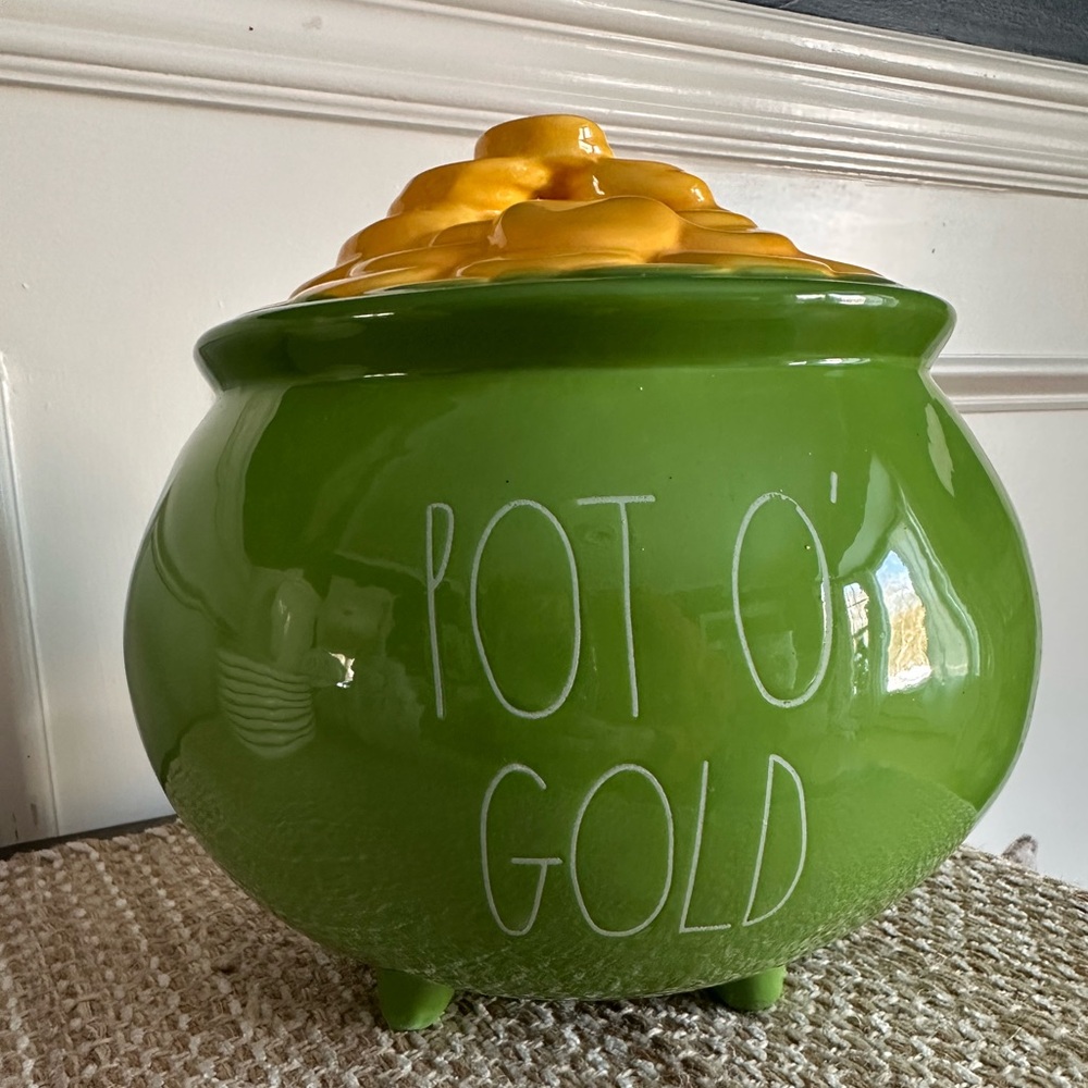 Large Rae Dunn Green Pot O' Gold Coins St. Patrick's Day Ceramic Footed Cauldron